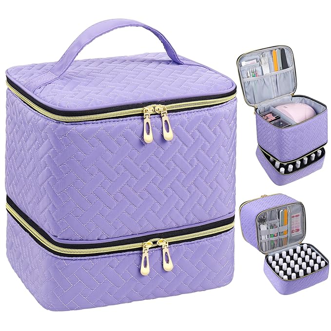 Nail Polish Organizer, Nail Polish Storage Holds 30 Bottles & Nail Lamp, Double Layer Nail Bag Organizer Case, Portable Nail Polish Holder for Nail Tech Travel & Manicure Kit