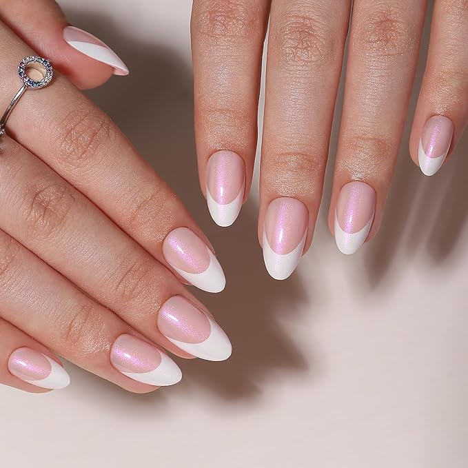 French Tip Press On Nails - White Almond Press On Nails, Short Fake Nail with Nail Glue, Artificial Nail 16 Sizes - 32Pcs Reusable Soft Gel False Nail Tips Kit,Stick On Nail for Women