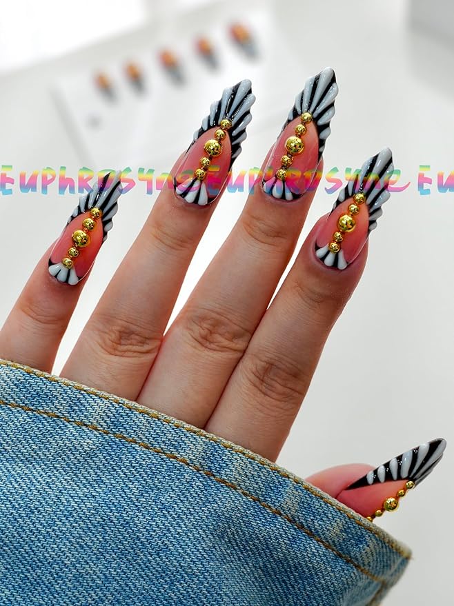 Euphrosyne Press On Nails – 10pcs Red Heart Y2K Fake Nails with Black & White Stripes and Gold Studs | Square Punk Nails for Women, Alt Girl Nail Art