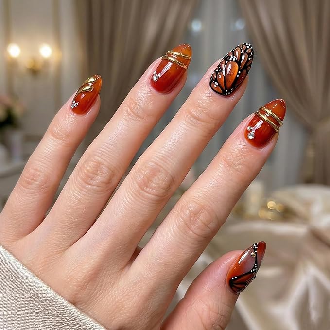 Almond Press on Nails Long Fake Nails Red Acrylic Nail Press ons SEENEEY Black Butterfly Designs Gold Charm Rhinestones Stick on Nail for Women 24pcs