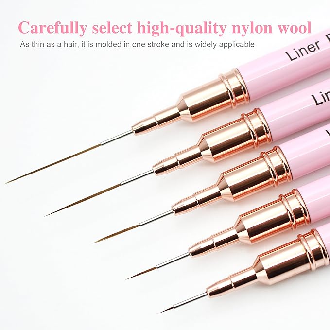 5Pcs Premium Nail Art Brushes Kit - Slim Detail/Dotting/Liner Tools for Acrylic, Gel & Designs (4/8/12/20/25mm) - Salon Quality Pink Set