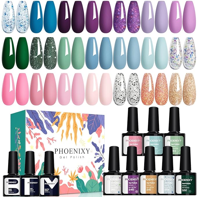 PHOENIXY 24 PCS Gel Nail Polish, Blue Sparkle Colors Gel Polish Set with Base Glossy Matte Top Coat Purple Pink Nail Polish Kit Gifts for Women