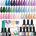 PHOENIXY 24 PCS Gel Nail Polish, Blue Sparkle Colors Gel Polish Set with Base Glossy Matte Top Coat Purple Pink Nail Polish Kit Gifts for Women