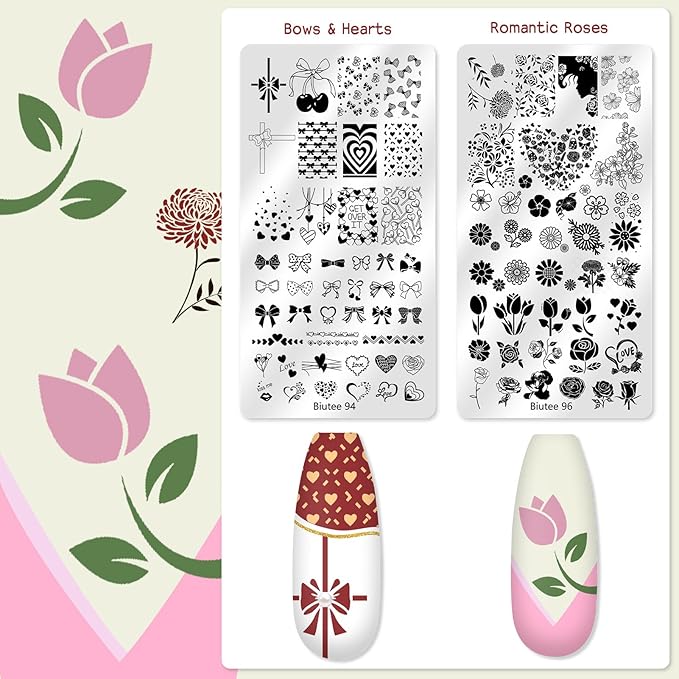 Biutee Nail Stamping Plate 16Pcs Nail Stamper Kit 12Pcs Nail Art Stamp Plates with Silicone Stamper, Scraper & Storage Bag, Stamping Plates Star Plaid Flower Butterfly Template Holiday Design Gift