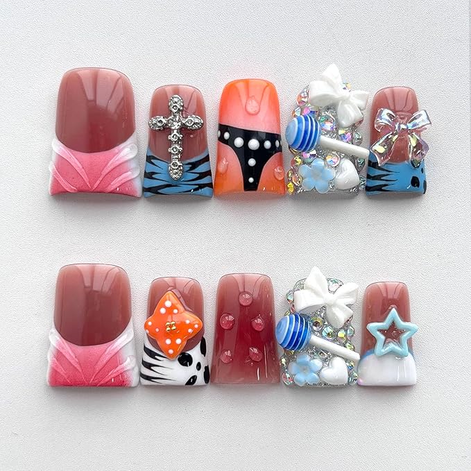 French Tip Press on Nails Handmade Short Duck 3D Flower Thick Acrylic Nails Cool False Nails with Flower Bow Rhinestones Lollipop Designs Cute Glossy Fake Nail Sturdy Art Press on Nail 10Pcs(M)