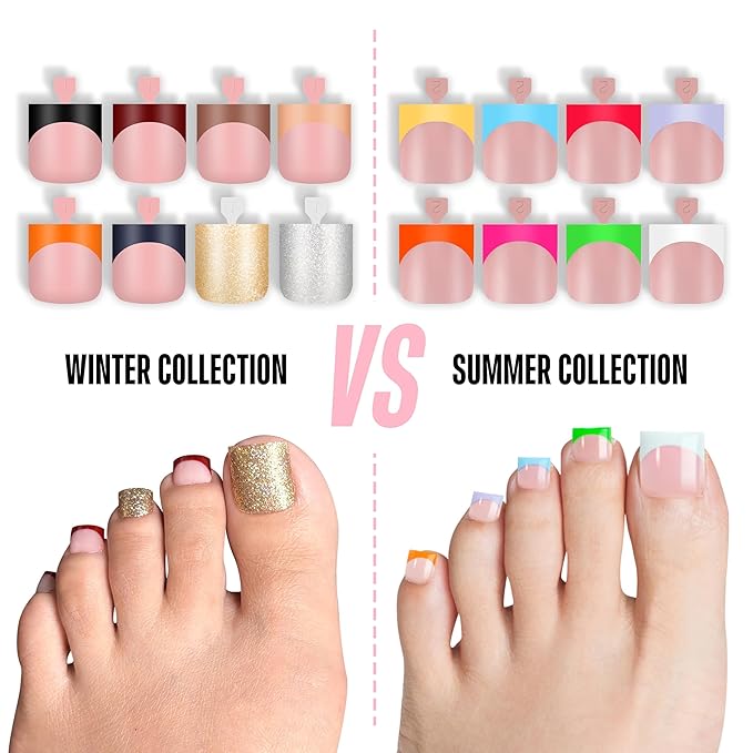 NOVO OVO Halloween Christmas Fall Autumn Colorful French Tip Toe Nail Tips Press on 8 MIXED WINTER COLOR, Sharp Square Toenail BABY PINK Toenail Extension, Full Cover Acrylic DIY x 15 Sizes 240 pcs