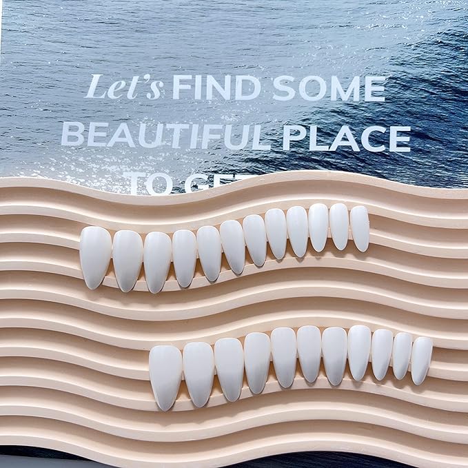 Frost White Press on Nails Almond Shaped Medium Almond Nails Press on Neutral Acrylic Nails Reusable Fake Nails for Women Girls, Glue on Nails Medium Length Stiletto False Nails Gel Artificial Nails
