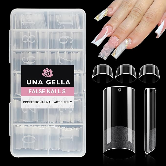 UNA GELLA No C Curve Medium Square Nail Tips 504 Pcs Half Cover Square Gel Nail Tips Pre-file Half Matte Straight Nails Tips Clear Fake Nails For Nail Extension Home DIY Salon with Box