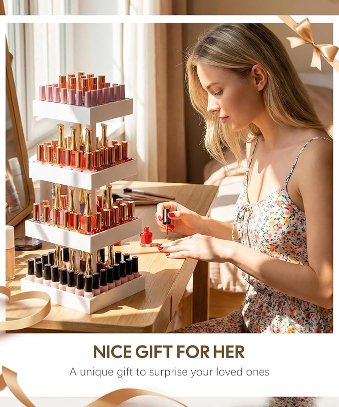 Homde Nail Polish Display Stand and Storage: 360 Degree Rotating Bamboo Rack Organizer, 4 Tier Makeup Holder for Fast Access on Countertop or Vanity for Girls & Women,White