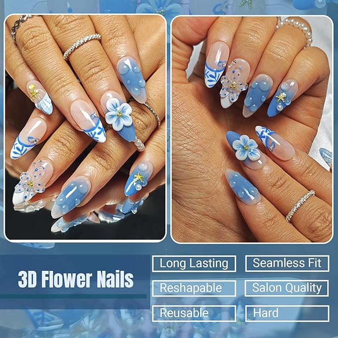 Handmade Acrylic Press On Nails Almond, 3D Press On Nails Medium, Ocean 3D Blue Nails French Tip Flower Bubble Preal For Women Gift, Reusable Stick On Fake Nails Kit With Nail Glue (Ocean Bloom-L)