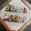 Christmas Press on Nails Handmade Medium Luxury Nails Press Ons Glitter Glossy Full Cover Fake Nails with Cute Xmas Tree Reindeer Designs Reusable Acrylic Glue on Nail for Women 10Pcs (Size M)