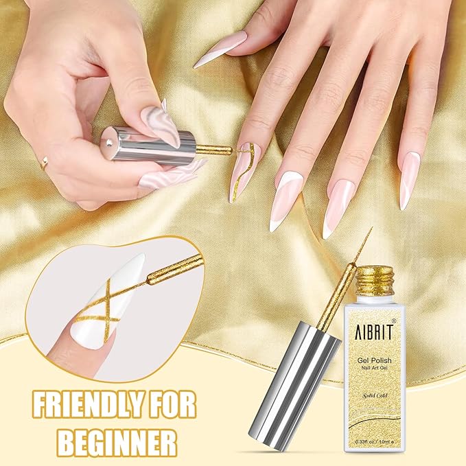 Gel Liner Art Polish Set 10ml, 4 Colors Black White Gold Silver Design Paint with Thin Brush in Bottle for Swirl/Euphoria French Tips Manicure Painting DIY at Home