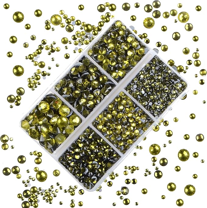 4000Pcs Mixed Size Hot Fix Round Crystals Gems Glass Stones Hotfix Flat Back Rhinestones (Olivine)