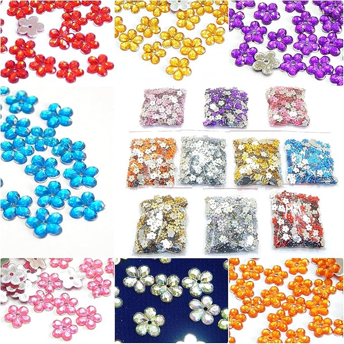 Perlin Acrylic Crystals Sewing Gemstones Set 2500 Pieces 10 Colours Flower Jewellery Stones with Hole Flat Back Resin Rhinestones for Textiles Clothing Costumes