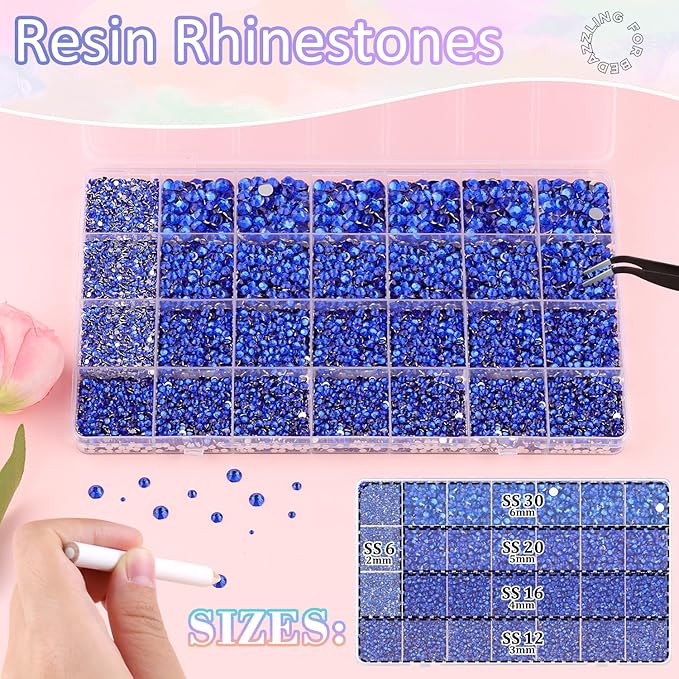 30000Pcs Resin Rhinestones for Bedazzling with B7000 Jewelry Glue, Royal Blue Flatback Gems Rhinestones for Crafting, Clothing Tumblers Mugs Shoes Fabric Decor Nail Art
