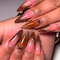 Long Press on Nails Almond Fake Nails Brown Artificial Nail with Gold Charm Designs Cute Leopard Stick on Nail for Women 24pcs