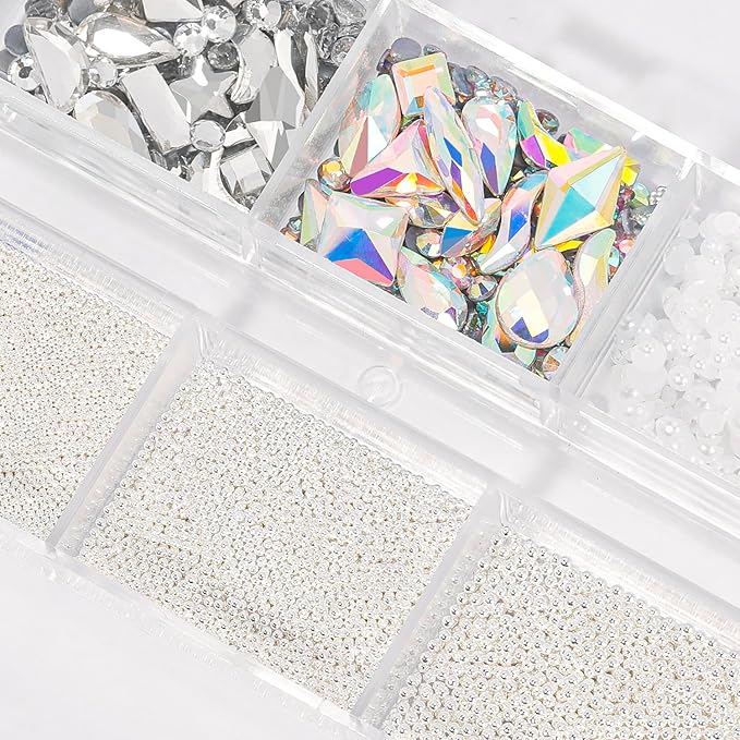 Silver 3D Nail Art Charms - Caviar Beads & Rhinestones Mix Size Multishape AB Crystals Kit for DIY Nail Decoration