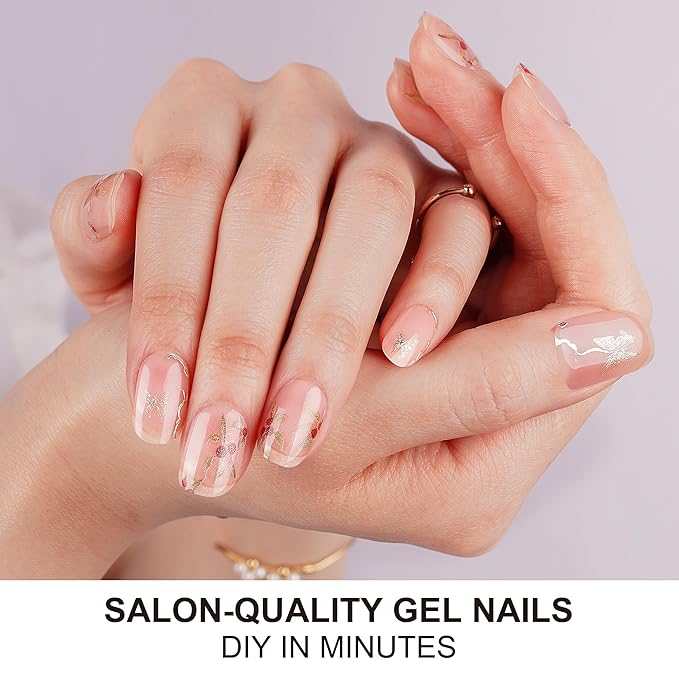 DANNI & TONI Semi Cured Gel Nail Strips Flower Rose Hip Gel Nail Wraps Golden Butterfly UV Led Nails 28 Stickers Gift for Women | Blossom