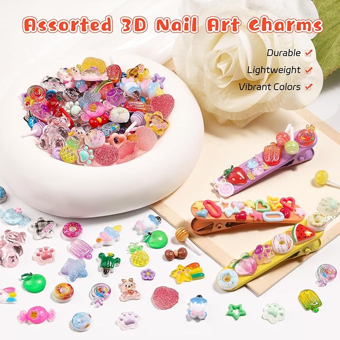 400PCS Kawaii Nail Art Kit with 100 Soft Clay Slices 300 3D Resin Candy Fruit Donut Star Charms for Acrylic Nails Supplies with Tweezers for DIY Crafts Slime and Shoe Decor