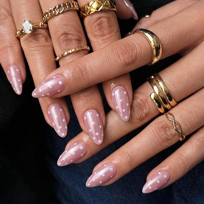 Pearlescent Press on Nails Medium, Glazed Pink Mauve with Polka Dots Fake Nails Almond Chrome Acrylic Press Ons for Women, Natural Fit Full Cover Glue on Nails in 12 Sizes - 24 Pieces Nail Kit