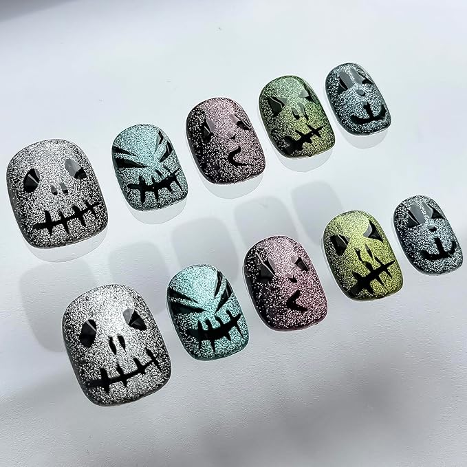 Halloween Press on Nails Short Square Handmade Nails 3D Unique Reusable ABS Material Fake Nails Cute False Nails with Designs Glitter Sparkly Glossy Glue on Nail Thick Acrylic Nail(S)