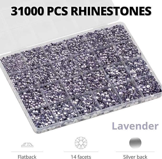 33000Pcs Light Purple Rhinestones for Bedazzling, Bedazzler Kit with Flatback Craft Rhinestones Bulk and B7000 Glue, 2,3,4,5,6mm Resin Flat Back Crystals for Craftings, Crafts, Clothes, Shoes, Nails