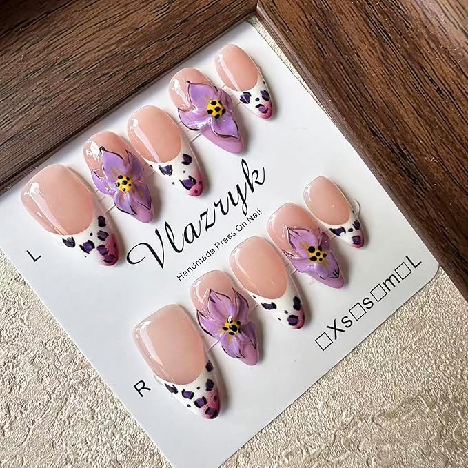 Luxury Handmade Press On Nails, Purple French Medium Almond with 3D Flowers, Winter & Autumn Gradient False Nails,Reusable Multi-Layer Post-Gel Acrylic Nails for Women .(10pcs)