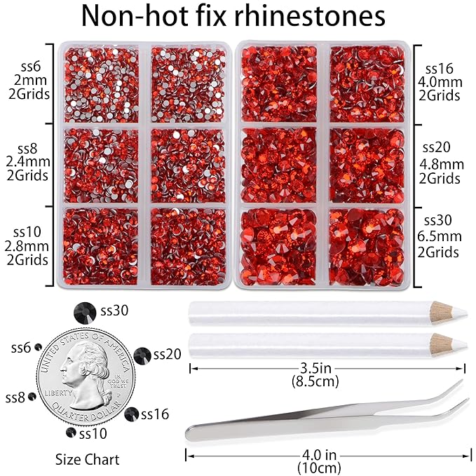 LPBeads 6000 Pieces Siam Non Hotfix Rhinestones 6 Sizes Round Crystal Glass Flat Back Rhinestones with Tweezers and Picking Pen for Nail Art Crafts Clothes Bags DIY