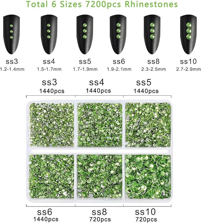 Beadsland 7200pcs Flatback Rhinestones,Light Green Rhinestone Nail Gems Round Crystal Rhinestones for Crafts,Mixed 6 Sizes with Wax Pencil Kit, SS3-SS10,Peridot/Light Green