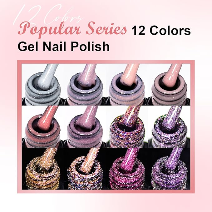 12Pcs Nude Pink Builder Gel for Nails + Reflective Glitter Gel Nail Polish Set Pink Purple Soak Off Uv/Led Nail Polish Kit DIY Manicure