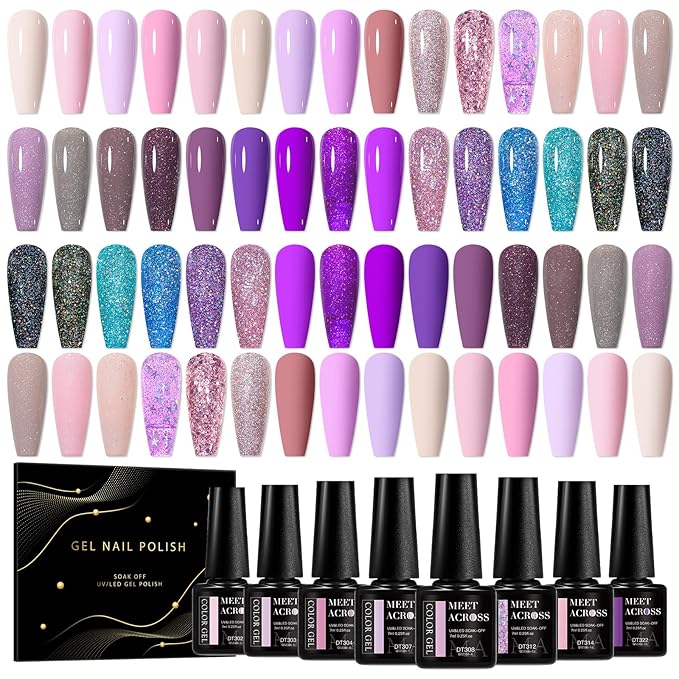 MEET ACROSS 30 Colors Pink Purple Gel Nail Polish Set, Nude Light Pink Purple Shimmer Glitter Brown Gel Polish Kit Soak off Uv Nail Art Gifts for Women