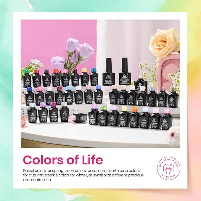 Beetles Gel Nail Polish, 36 Colors Palette Green Brown Pink Yellow Blue Nude Glitter Color Gel Polish with Base Top Coat Soak Off UV LED All Seasons Gift for Women Girls