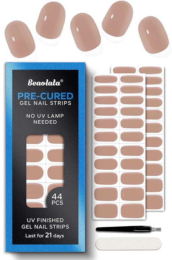 Pre Cured Gel Nail Strips - 44PCS Salon Quality Gel Nail Stickers - Long Lasting Polish Wraps for Women no UV Light Needed Easy Apply& Remove (Minimal Nude)