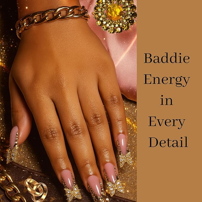 French Tip Junk Press on Nails Short Duck Square Fake Nails with Butterfly Charms Designs False Baddie Nails Cute Rhinestones Stick on Nails for Women 24Pcs (Designs, gold buterfly)
