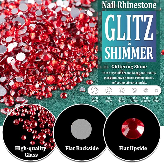 Multi Shapes Red 3D Glass Crystal Nail Art Rhinestones Kit with Flatback Round Bead Charm Gem Stone Jewelry Diamond with Pickup Pen + Tweezer for Manicure Makeup DIY Craft Decoration
