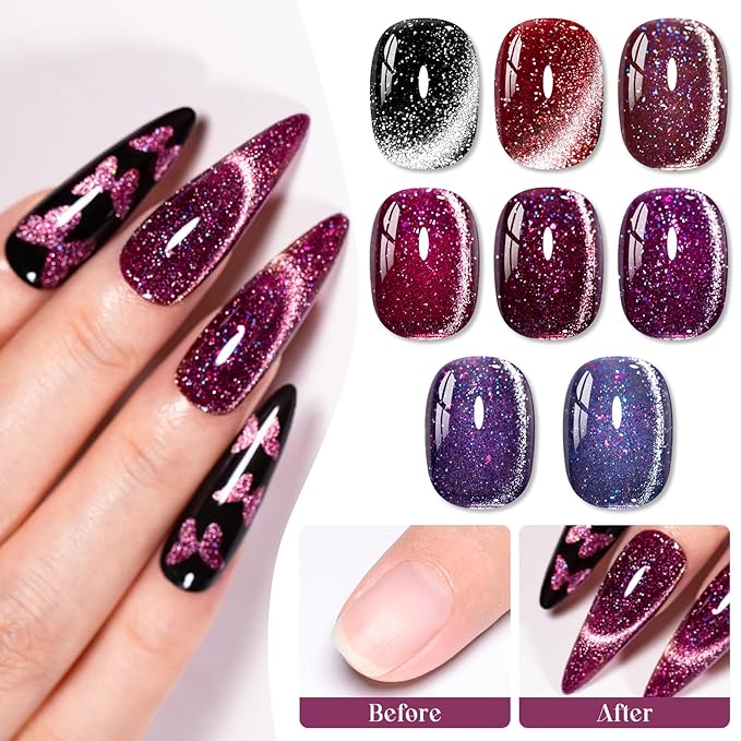 MEET ACROSS 9Pcs Cat Eye Gel Nail Polish Set Glitter Purple Red Black Magnetic Gel Polish Kit with Magnet, Soak Off UV/LED Cateye Nail Polish DIY Manicure Kit 8 Colors