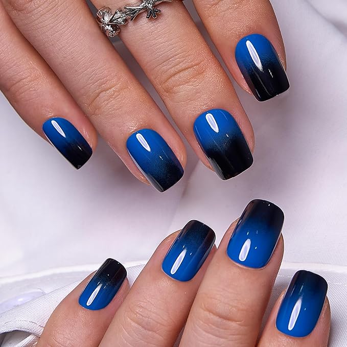 Curvlife Press On Nails - Acrylic Fake Nails with Design, Full Cover False Nails Reusable Kit with Nail Glue Adhesive Tabs, Nail File - Artificial Glue On Nails (Gradient Blue, 30pcs)