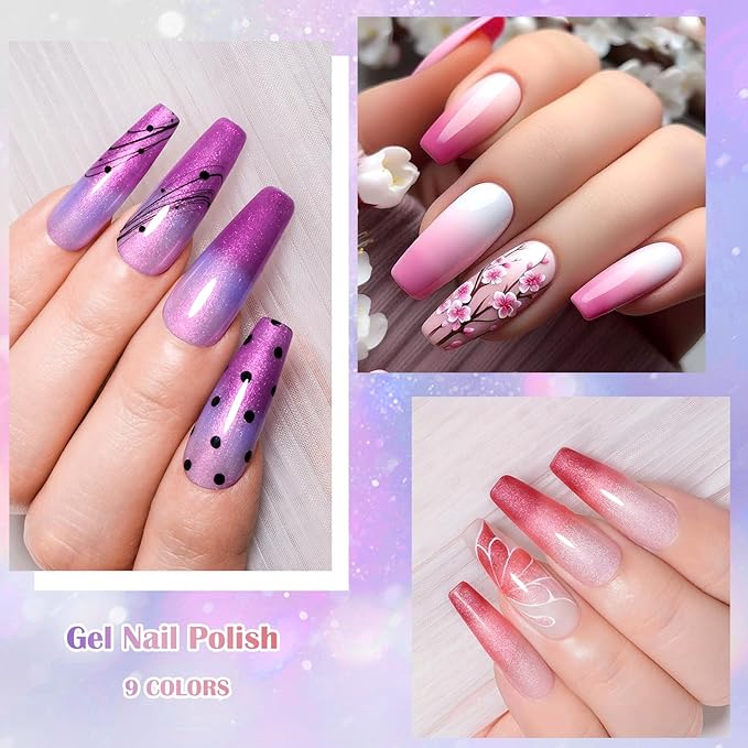 MEET ACROSS Color Changing Builder Nail Gel of 12 Temperature Shiny Changing Colors Rubber Base Gel Polish Including Pink Purple Orange Mood Changing Gel Manicure Kit for Nail Art Home DIY