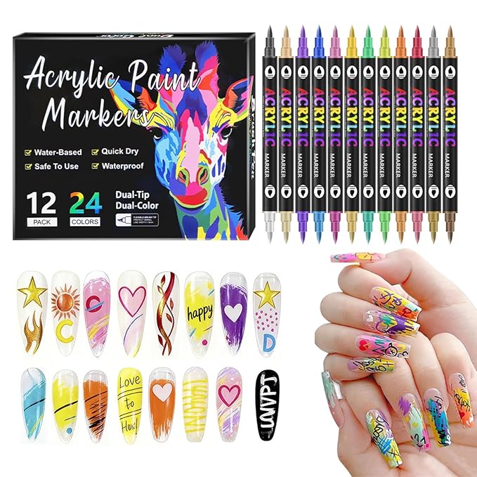 DualTip Nail Art Marker Set Water Based Acrylic Paint Pens with Precision Tips for DIY Nail Design Graffiti Dotting Quick Dry Easy Use Tools Manicures Ladies and Girls Thick Pen Tips 24 Colors 12 Pcs