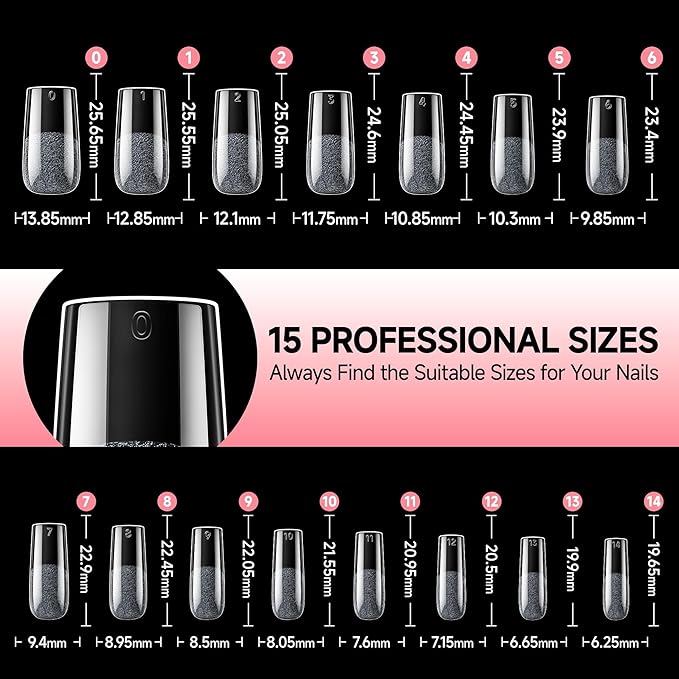 UNA GELLA Square Nail Tips X-Soft Thicker Flexible Gel Nails 330PCS Pre-etched Square Nail Tips Press on Full Cover Acrylic Fake Nails Strength Clear Nails for Nail Extensions DIY Salon 15 Sizes
