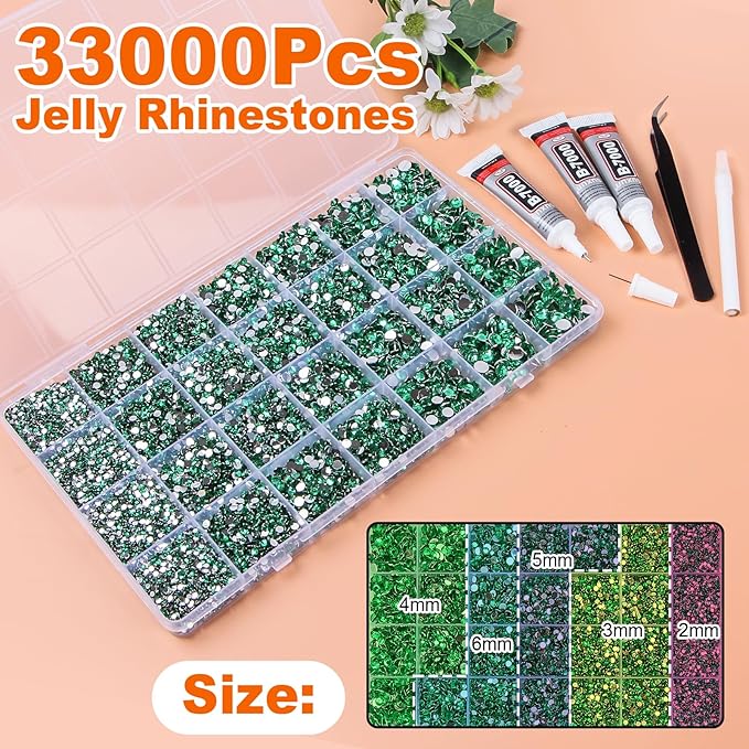 33000Pcs Dark Green Resin Jelly Rhinestones for Bedazzling, 2-6mm Flatback Gems for Diamond Art, Bedazzler Kit with 3Pcs 10ml B7000 Jewelry Glue for Crafting Crafts Nail Art
