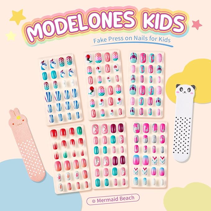 Modelones Press on Nails for Kids 144Pcs 6 Pack Children Acrylic Fake Nails Pre-glue Full Cover Glitter Color Mermaid Beach Short False Nail Art Kits Sets Thanksgiving Christmas Gifts for Girls