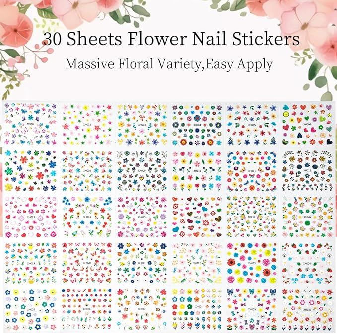 30 Sheets Flower Nail Art Stickers Colorful Flower Nail Stickers for Nail Art 3D Self-Adhesive Floral Designs Nails Decals Spring Nails Supplies for Women Girls Manicure Decorations