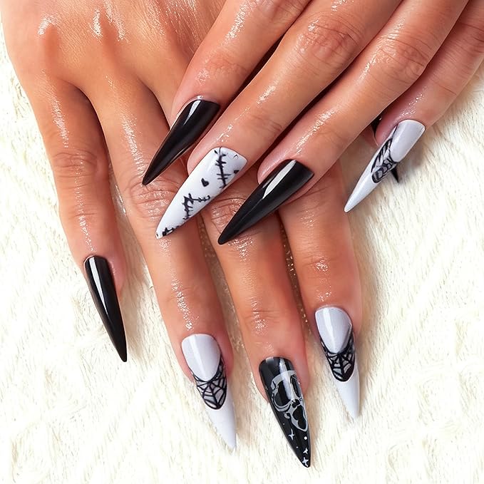 24pcs White and Black Blood Long Almond Press On Nails with Cobweb and Wound for Themed Costumes, Reusable Nail Kit with Adhesive Tabs, 12 Sizes (White and Black)