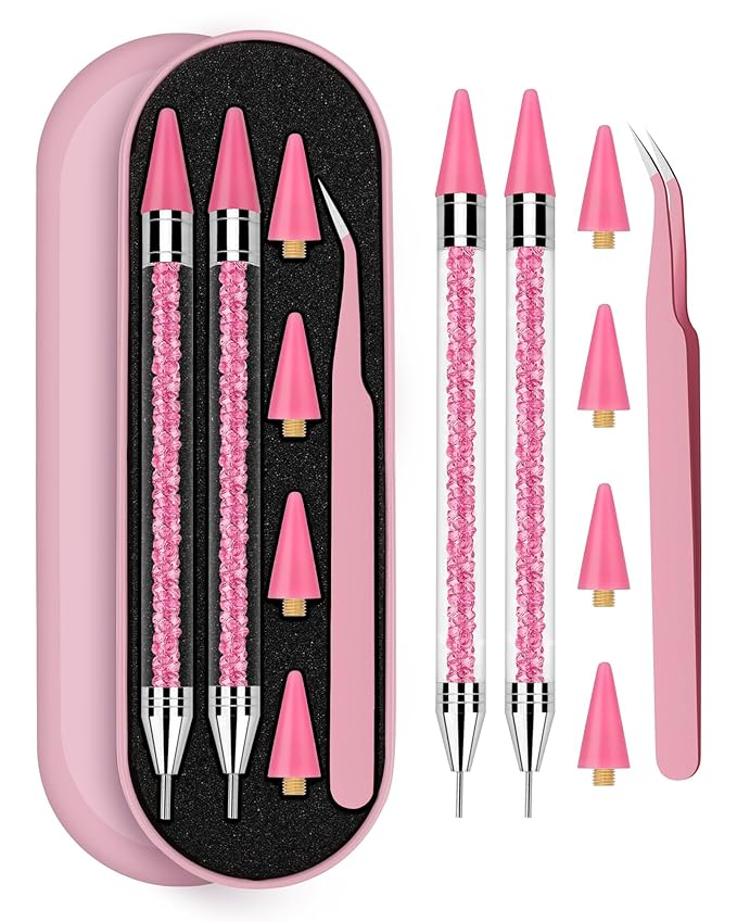 Rhinestone Picker Tool, Wax Pencil for Rhinestones Tool, Dual-ended Nail Bedazzling Tools With 4 Extra Pink Replaceable Wax Head and 1 Tweezer (Pink B)
