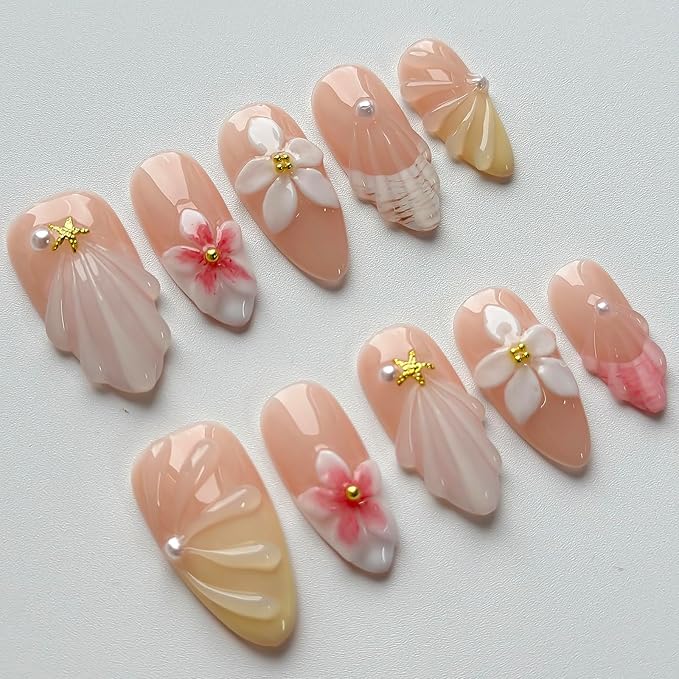 Luxury Press on Nails Medium Almond Handmade 3D Unique Reusable ABS Material Fake Nails French Tip False Nails with Designs Floral Pearls Summer Glossy Glue on Nail Thick Acrylic Nail(S)