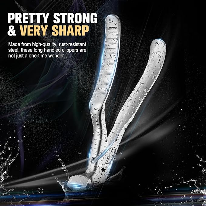 FERYES Ergonomic Non-Slip Long Handle Nail Clippers for Seniors, Unique Angled Head Curve Wide Jaw Opening Toenail Clipper with Catcher for Thick Toenails and Fingernails