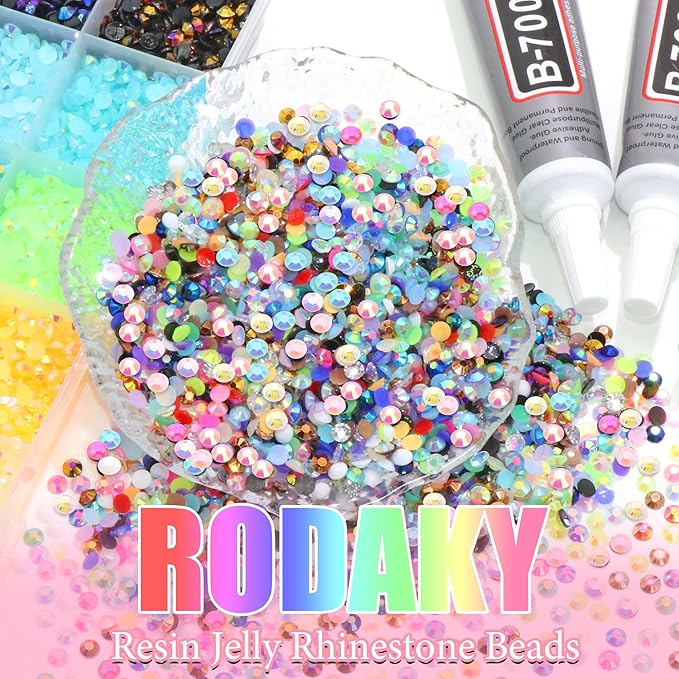 RODAKY 30000PCS Jelly Rhinestone 5mm Flatback Resin Gems AB Color Rhinestones for Bedazzling 2PCS 10ml B7000 Jewelry Glue Tweezers Pen Making Kit for Craft Clothing Shoes