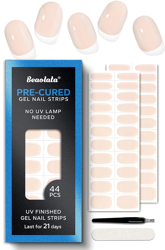 Pre Cured Gel Nail Strips - 44PCS Salon Quality Gel Nail Stickers - Long Lasting Polish Wraps for Women no UV Light Needed Easy Apply& Remove (Milk White)