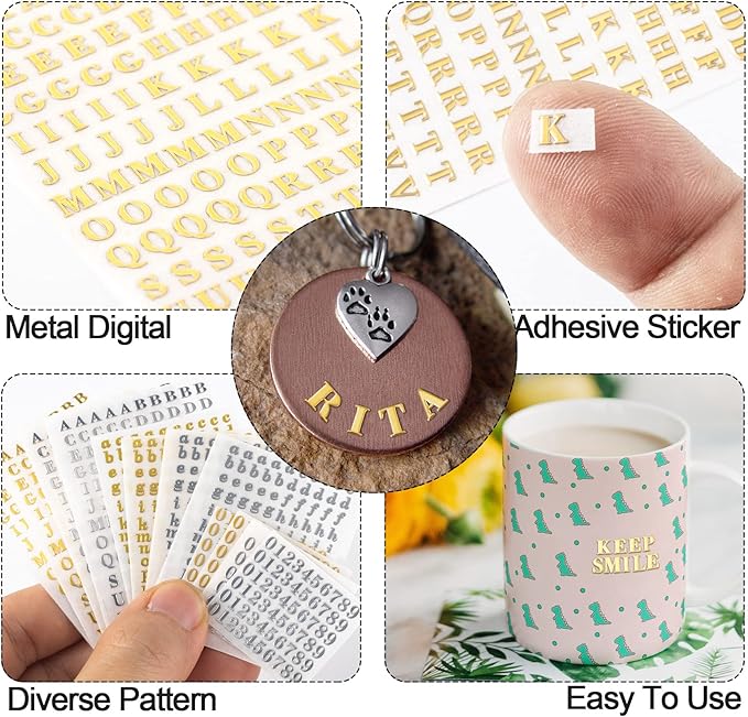 ANCIRS 12 Pack Resin Mini Letter Stickers for Nail Art, Glittering Epoxy Alphabet Number, Self Adhesive Scrapbook for DIY Craft - Gold & Silver